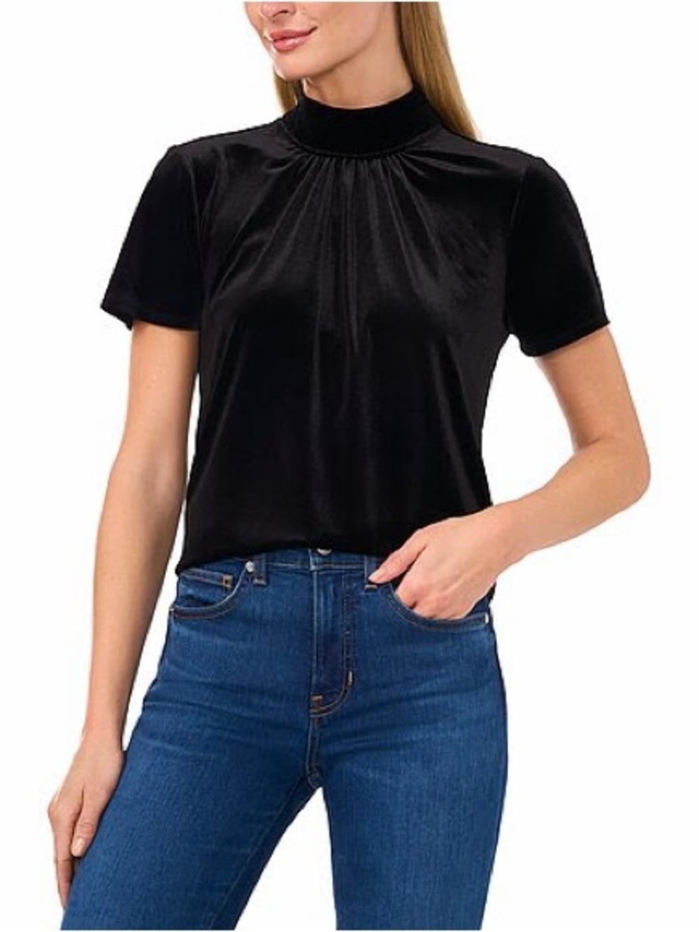 CeCe Mock Neck Velvet Short Sleeve Top - Black